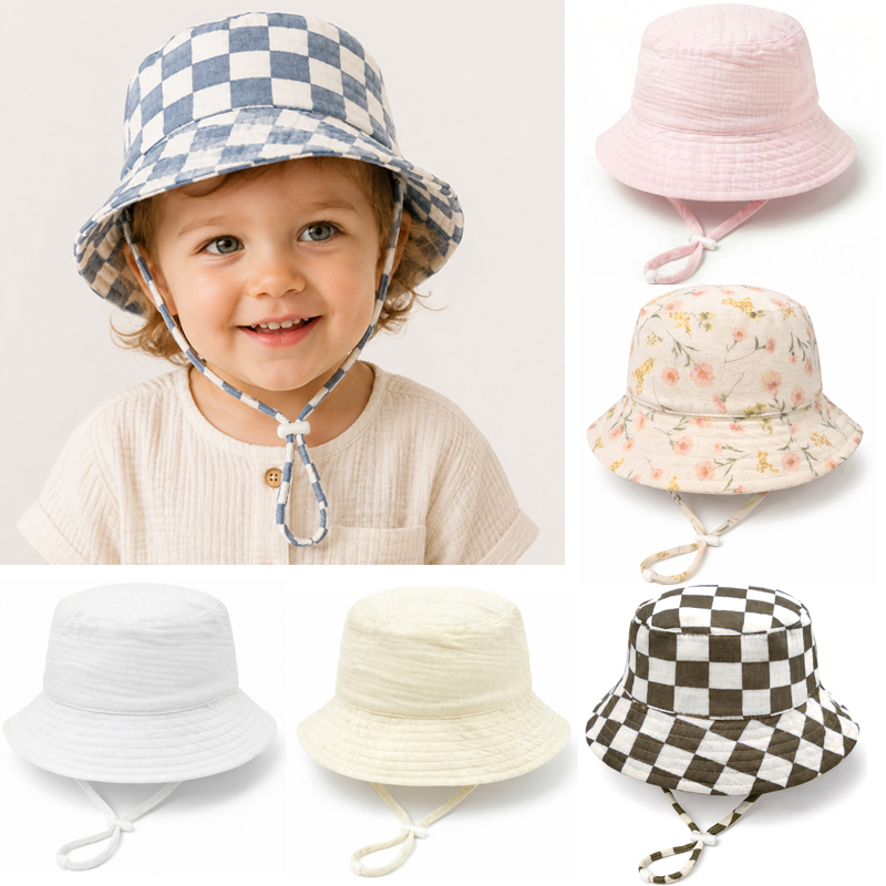 Bucket Hat Cotton - หมวกเด็กอ่อนผ้ามัสลิน หมวกกันแดดเด็กปรับได้ 100% ผ้าฝ้าย หมวกปานามาเด็ก หมวกเด็กทารก